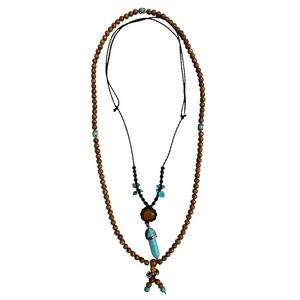 Bundle of 2 Brown Beads & Black Corded w/ Faux Turquoise Pendant Necklace Set